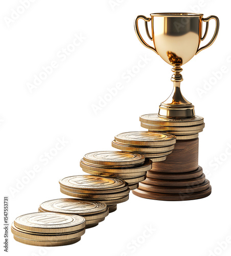 Coins forming steps towards golden trophy symbolize success and achievement., isolated