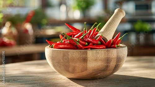 Fresh red chili peppers in wooden mortar with pestle on rustic table for cooking and spice preparation