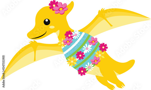 Adorable Easter Pterodactyl  Flying Dinosaur with Floral Egg Design