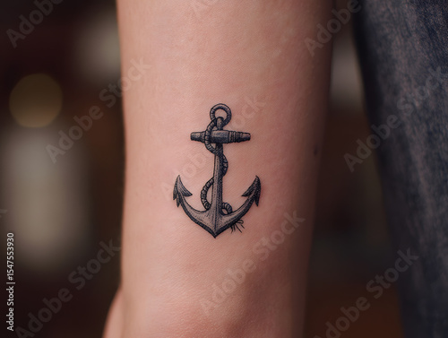 Close up of an anchor tattoo on a person's arm with a rope wrapped around it in a dark color