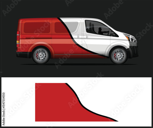 Red van wrap design with white and black accents for vehicle customization