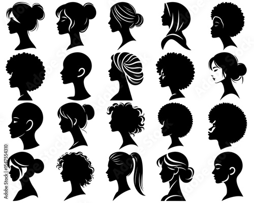 Set of Minimalist Black and White Vector Illustration of Women’s Side-profile Silhouettes
