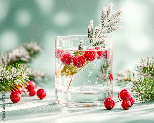 Festive holiday drink with berries and pine branches