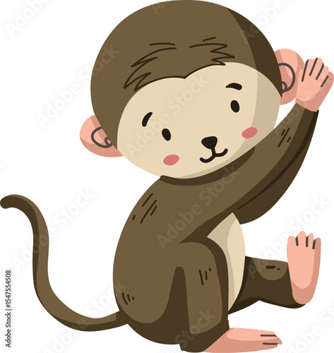 Cute Cartoon Monkey Sitting and Waving
