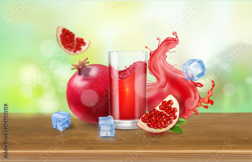Realistic pomegranate juice splash for package advertising design. Pomegranate fruits on a wooden table