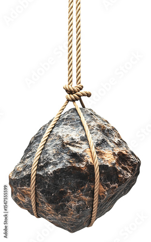 Large rock is securely tied with rope, hanging down against transparency background., isolated