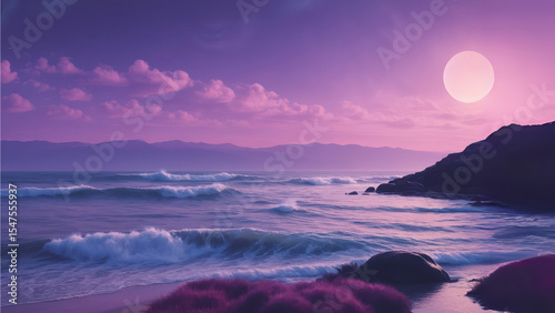 Serene ocean waves at sunset with purple sky and glowing sun over rocky coastline