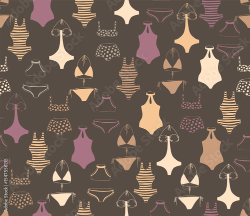 Seamless pattern for fabric with different bikini swimsuits in doodle style in brown tones. Seamless bikini pattern in doodle style.