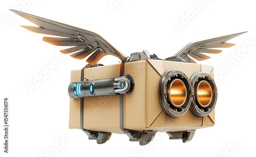 Flying package with metallic wings and jet engines, showcasing futuristic delivery technology., isolated