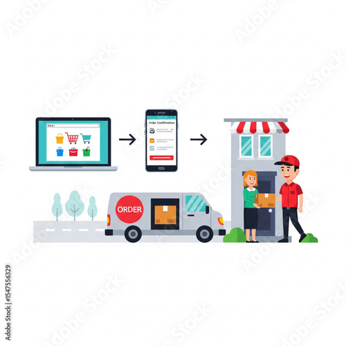 Flat vector illustration showing e-commerce order process, from online shopping cart to package delivery, includes laptop, smartphone, delivery van, courier, clean modern design, white background, hig