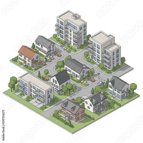 Isometric vector illustration of modern real estate neighborhood, includes houses, apartment buildings, trees, roads, and parked cars, clean lines, editable paths, minimal color palette, white backgro