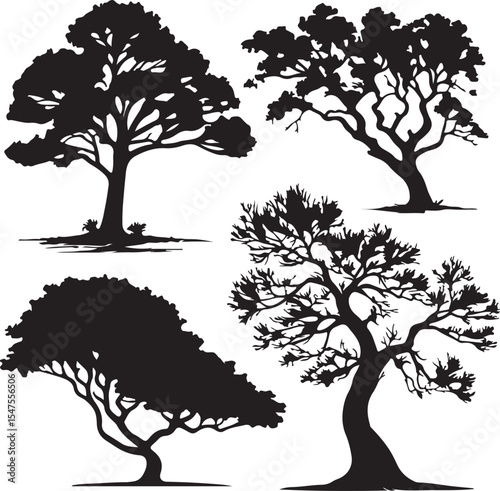 set of silhouettes of trees