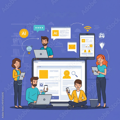 AI search set. Characters use artificial intelligence assistant for internet surfing, online searching, finding answers, research. Seo optimization concept.