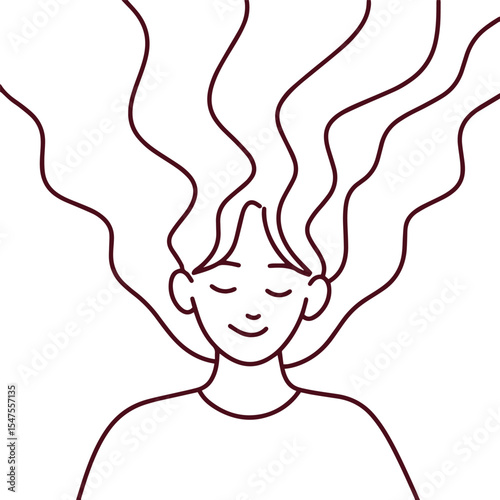 Line art portrait of woman with long wavy hair and peaceful smile, minimalist emotional expression with closed eyes
