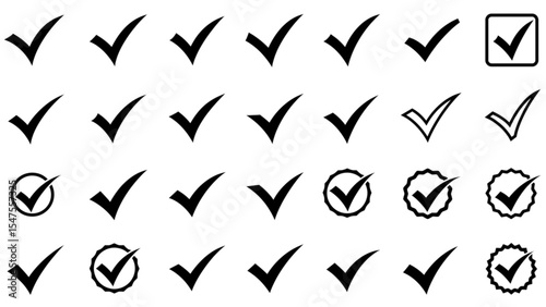 Collection of various black check mark icons in different styles and arrangements on a white background