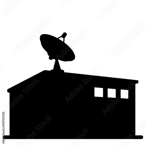 Silhouette of logistics center with satellite dish, network communications infrastructure