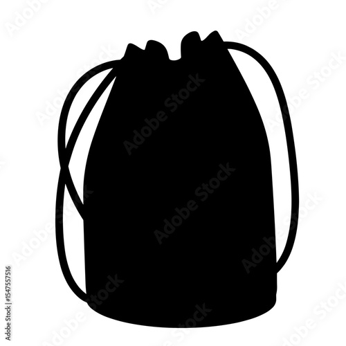 Silhouette of bucket bag with drawstring and circular base, retro utility style