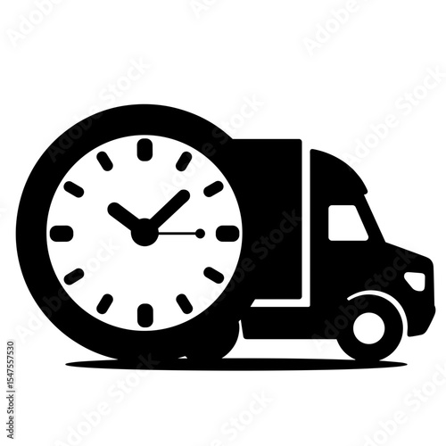Clock and Truck Silhouette on White Background, Timed Delivery Concept