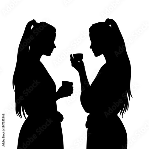 Silhouette of two women with coffee cups on white background, morning relaxation