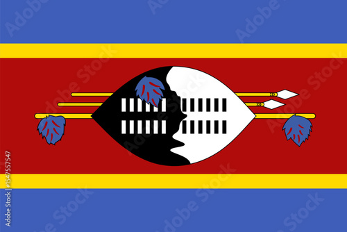 Vector rectangular icon of blue yellow and red colors with a black and white shield in the center and two spears and one stick and three leaves in blue
