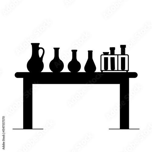 Silhouette of kitchen table with lab beakers and test tubes, scientific exploration setup