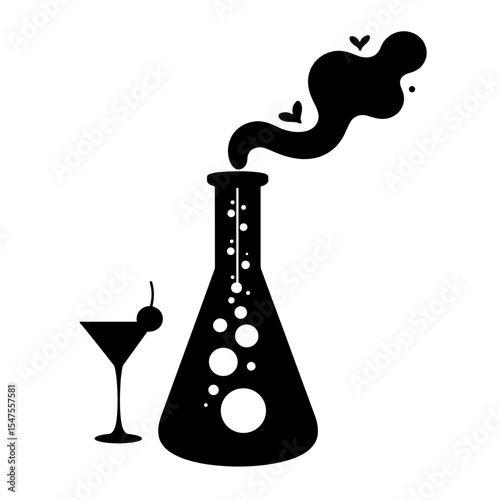 Silhouette of flask and cocktail with smoke, scientific mixology innovation