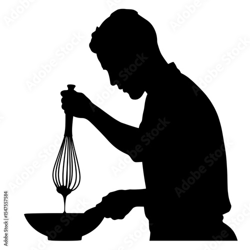 Silhouette of chef whisking emulsified vinaigrette, culinary technique in black and white