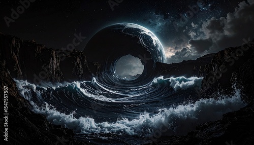 Surreal Night Scene Dark Ocean Waves Crashing Against a Mysterious Celestial Sphere