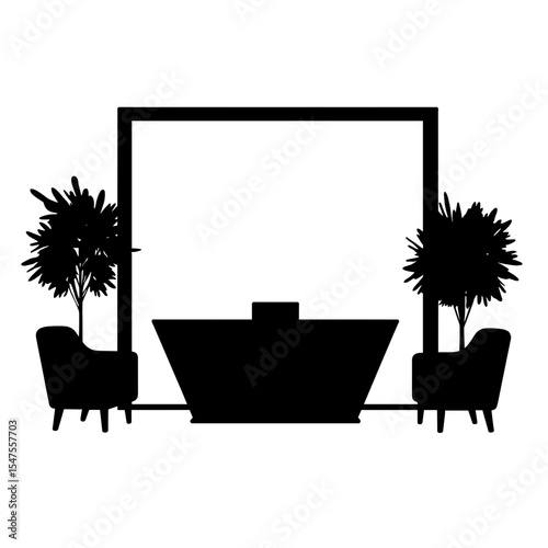 Silhouette of sleek lobby reception desk with seating area and plants, luxury interior design