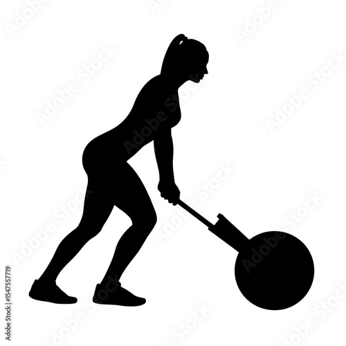 Silhouette of woman pushing weighted sled on white background, athletic endurance