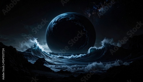 Dark Planet Rising Ocean Waves Crash Against Mysterious Celestial Body
