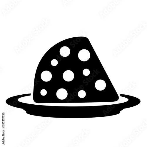 Silhouette of cheese wedge with holes on a plate, black and white food illustration