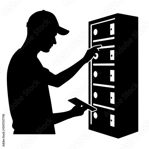 Silhouette of worker at delivery locker scanning barcode, automated service