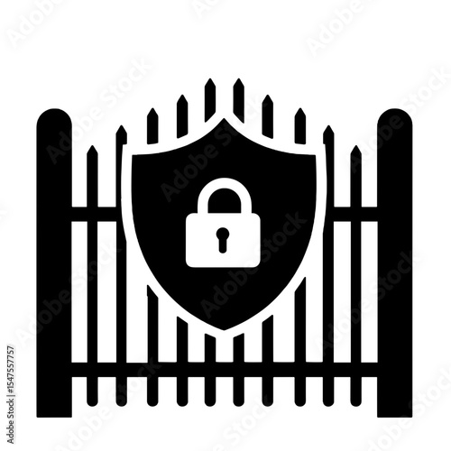 Silhouette property fence with shield padlock symbol, perimeter security protection