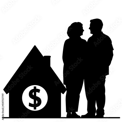 Silhouette of couple beside house symbol with dollar sign, mortgage-free lifestyle