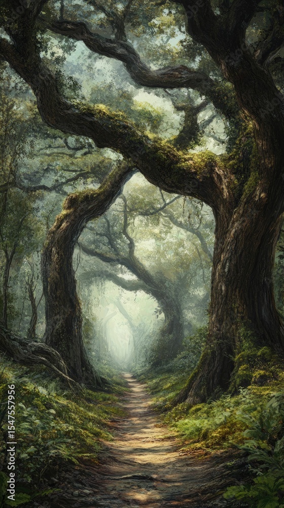 Naklejka premium Mystical forest path, ancient trees, sunlight filtering.
