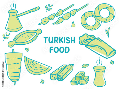 Set of icons with Turkish Food theme. With doodle style. For layout, website, graphic design.