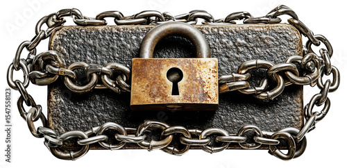 Rusty padlock and chains secure textured black surface, symbolizing security and protection., isolated