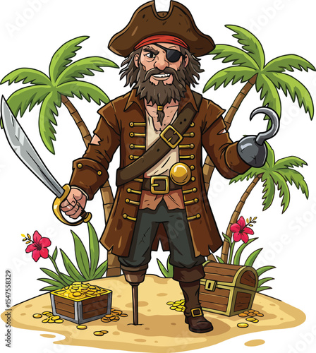 Illustration of a peg legged pirate with hook and sword, standing on a small treasure island, isolated on white background