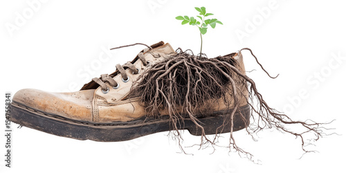 Old shoe with roots growing through it symbolizes new growth and transformation., isolated