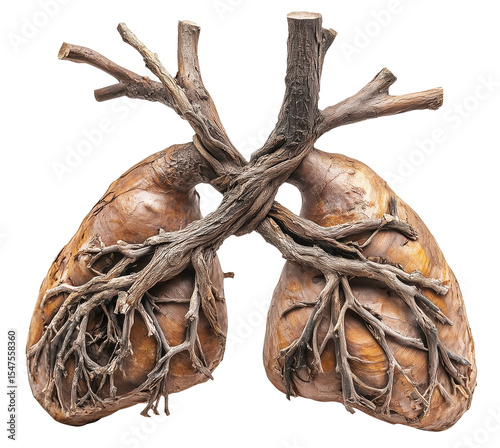 Pair of lungs creatively formed from tree branches and roots, symbolizing nature and life., isolated