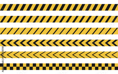Set of various yellow and black caution tapes with stripes, chevrons, and checker patterns. Ideal for construction, warning signs, or safety design.