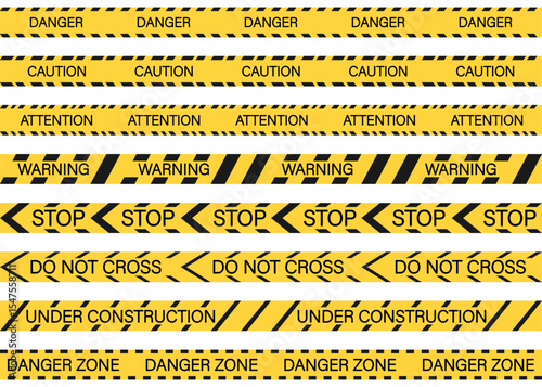 Collection of yellow caution tapes with bold black text such as Danger , Stop , Do Not Cross , and Under Construction . Ideal for safety signs, security design, or restricted areas.