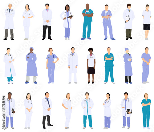 Hospital doctors and nurses. Doctor with stethoscope, nurse in scrubs and face mask. Medical student volunteer and intern character. Medical staff vector illustration. Profession physician in uniform