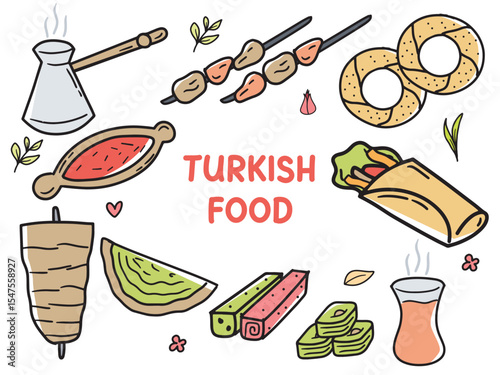 Set of icons with Turkish Food theme. With doodle style. For layout, website, graphic design.