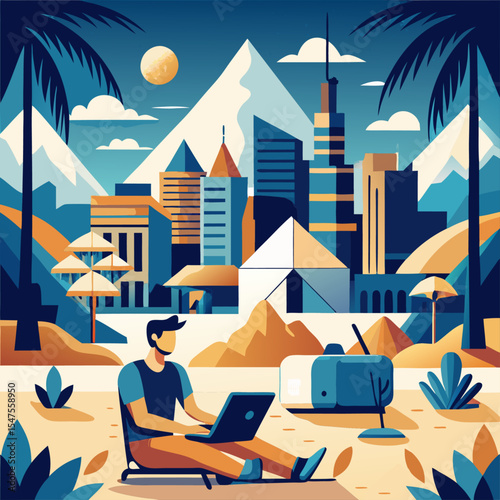 Conceptual Illustration of Digital Nomad Lifestyle in Blue, Beige, and Laptop Gray Color Palette


