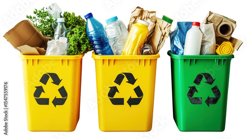 Three colorful recycling bins filled with various recyclable materials like plastic bottles, paper, and cardboard., isolated