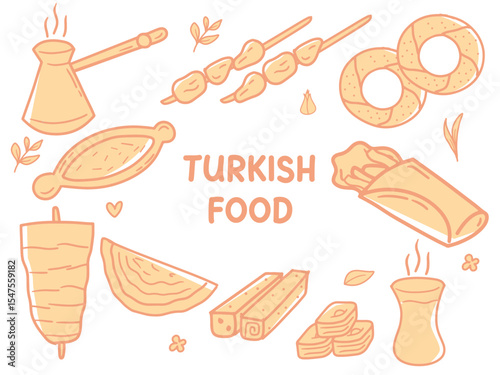 Set of icons with Turkish Food theme. With doodle style. For layout, website, graphic design.