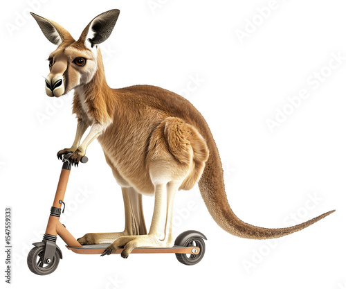 Kangaroo with scooter base instead of legs creates surreal and whimsical hybrid, showcasing motion and creativity., isolated