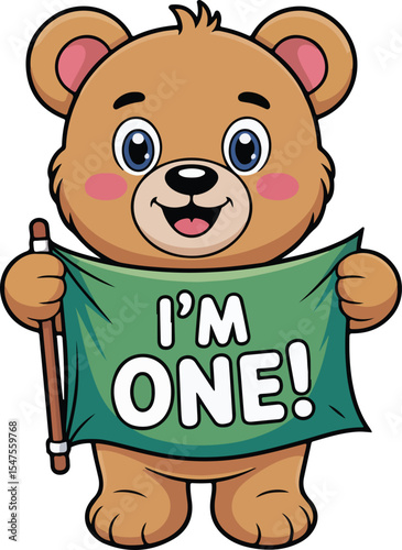 Adorable Bear holding a sign that proclaims, "I'M ONE!" Transparent isolated